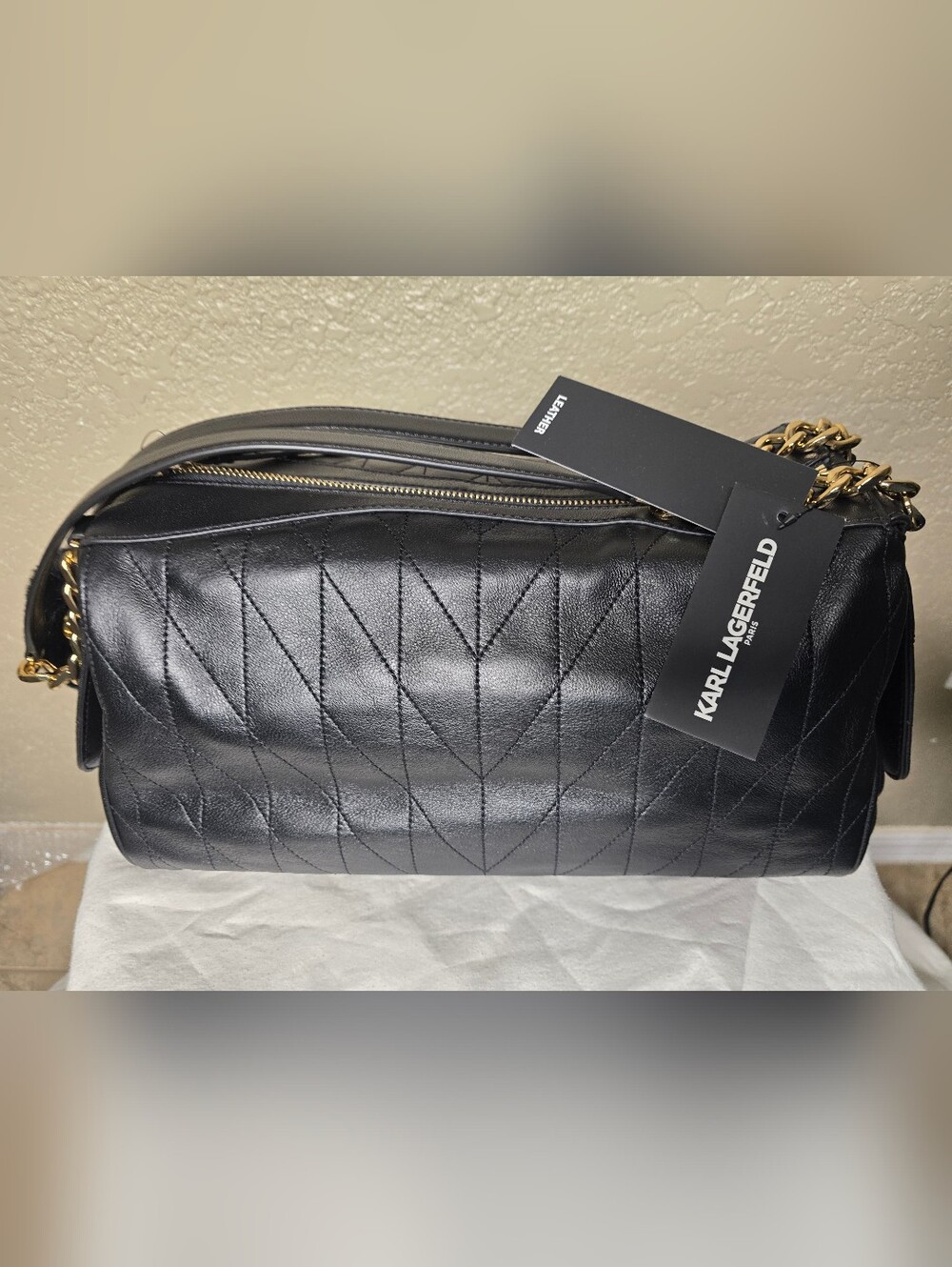 NWT! Karl Lagerfeld Paris Lafayette Satchel W/puff Charm. Lamb Leather Exterior.